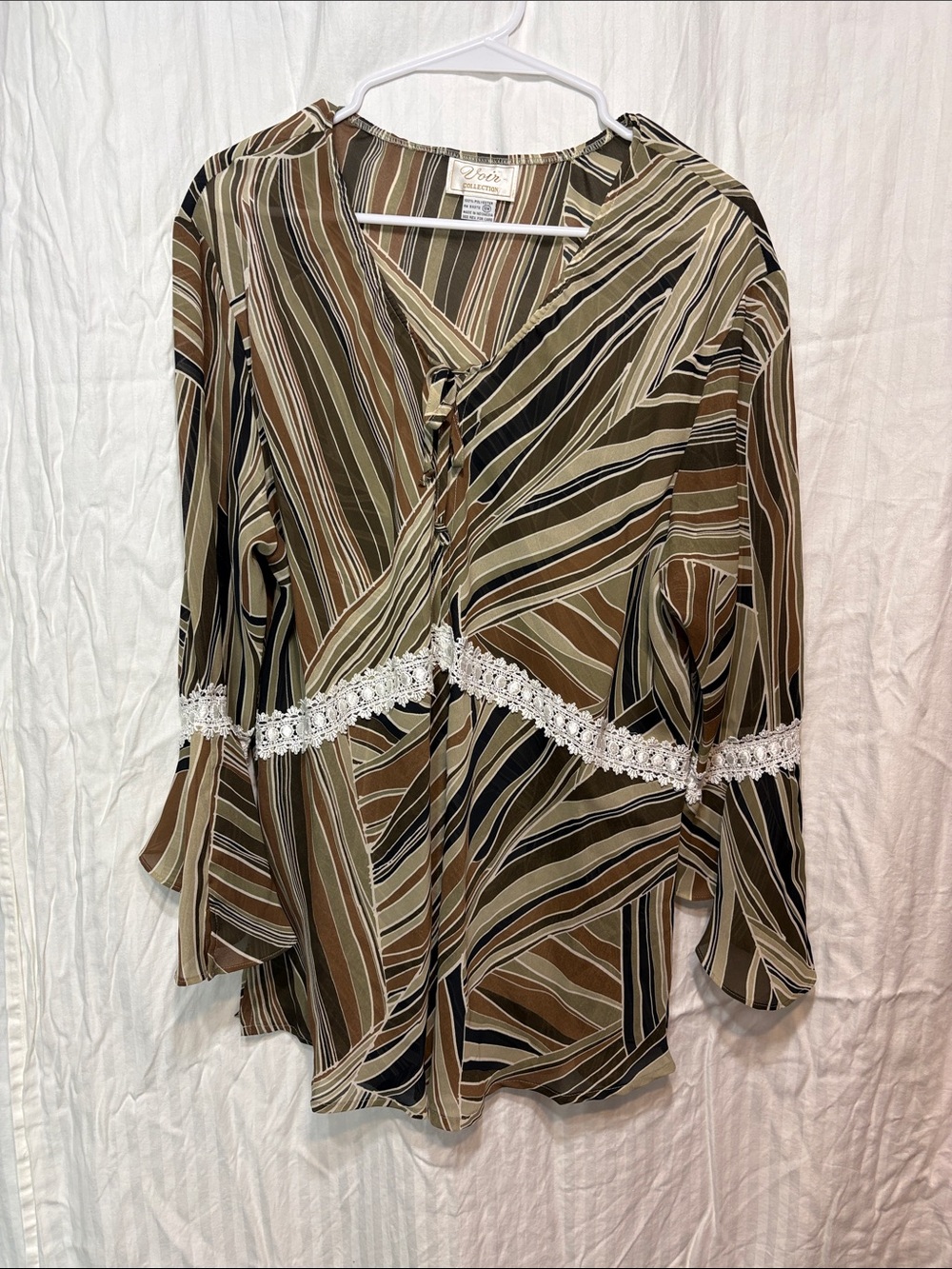 Voir Collection Brown Striped Lace-Trim Wrap Blouse